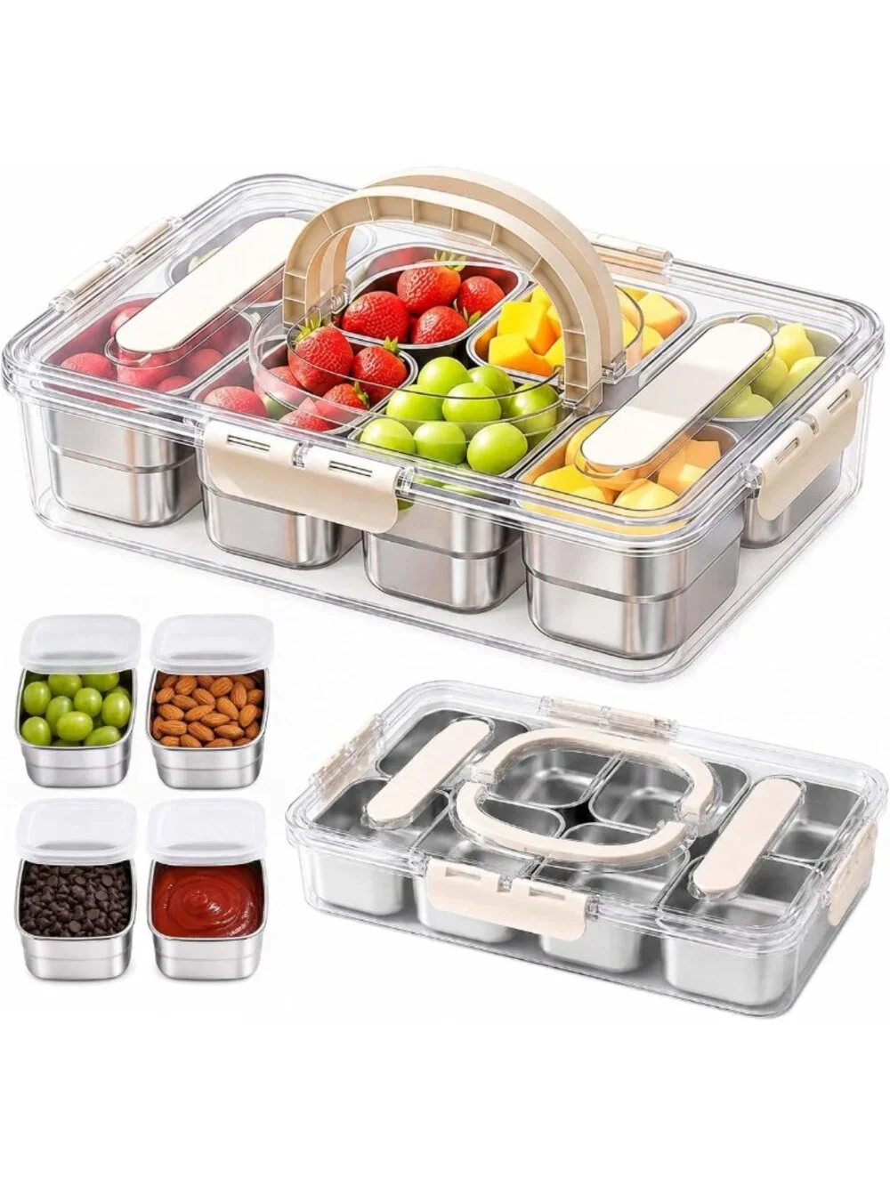 Stainless Steel Snack Organizer Box with Lid & Handle - 8 Compartment Tray for